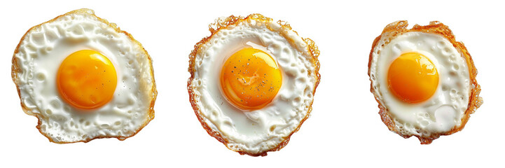 Set of golden yolk fried egg with crispy edges, top view, isolated on a transparent background