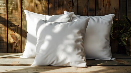 Wall Mural - 2 white square throw pillows mockup on wooden background, one in front of the other, product photography.