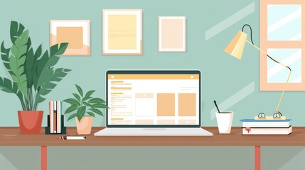 Aufkleber - Flat illustration in pastel colors showing a cozy, modern workspace. A sleek laptop is open on a wooden desk, displaying a beautifully designed blog page. Generative AI.