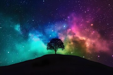 Lonely tree stands under a colorful night sky filled with stars. Surreal landscape with vibrant cosmic colors. This digital illustration is perfect for creative projects and concepts. Generative AI