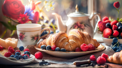 Delicious breakfast with fresh croissants and ripe berries