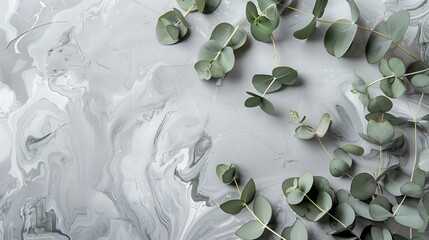 Wall Mural - Marble paper blank, eucalyptus branches on pastel gray background. Flat lay, top view, square, copy space