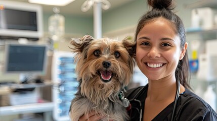 Canvas Print - A young, smiling veterinarian with a dog in her arms.