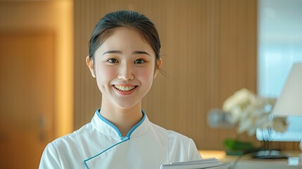 Wall Mural - A young and beautiful Chinese hotel service staff, with short sleeves, wearing a white top with blue trim at the neck 