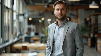 Wall Mural - Handsome and elegant businessman in a gray suit poses confidently inside an office.