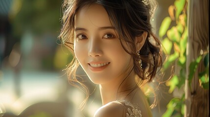 Wall Mural - A beautiful Chinese girl who is smiling, Wearing a dress, Fashion, In the garden. Generative AI.