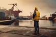 © alisaaa - Shipping, freight and logistics with a supervisor standing on the dock in a harbor, looking at the view and waiting for a delivery or shipment. Safety and control in the import and export industry