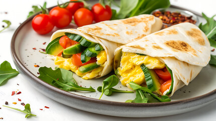 Wall Mural - Breakfast vegetarian burrito wrap with omelette and vegetables on a plate. Tortilla wrap sandwich