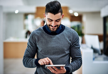 Aufkleber - Digital tablet, designer and smile in office for ideas, research and networking in modern workplace. Man, creative and technology in company for tech, interior design and social media at agency