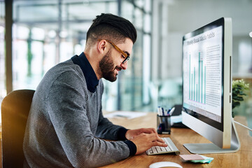 Poster - Happy, business man and computer with graphs, charts and statistics for accounting report in office. Smile, male person or accountant and technology with fintech for analysis on revenue and budget