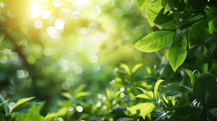 A green background with blurred foliage and sunlight, creating an atmosphere of nature and environmental care. for eco-friendly products or sustainability marketing materials.