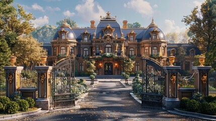 Regal residence with an ornate gate and carriage driveway in the afternoon
