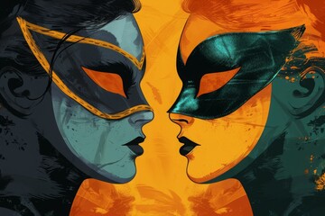 Dramatic digital art of two masked women, face-to-face, in blue and orange, exploring themes of duality, contrast, and confrontation.
