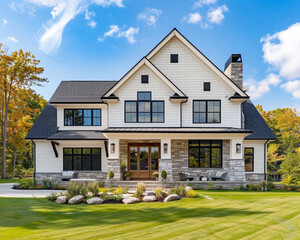 Wall Mural - Luxurious Craftsman Style New Construction Cream House Highlighting Minimalist Design and Spacious Interiors in a Peaceful Lakeside Community