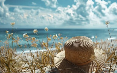 Wall Mural - Sunlit adventures under a straw hat by the ocean, wide shot capturing the beach and blue skies, the joy and freedom of a sunny day, travel photo