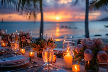 Sticker - Decorated table reception at beach resort, Dinner, Wedding, Party, Honeymoon