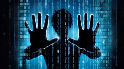 A silhouette of a person's hands pressed against a translucent screen filled with binary code