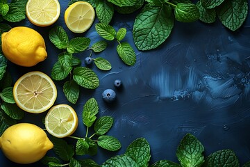 Wall Mural - dark blue paper background with lay up hemp leaf and half lemon and mint leaves