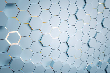 Wall Mural - A geometric pattern of hexagons with blue tones and highlights, modern design concept on a light background. 3D Rendering