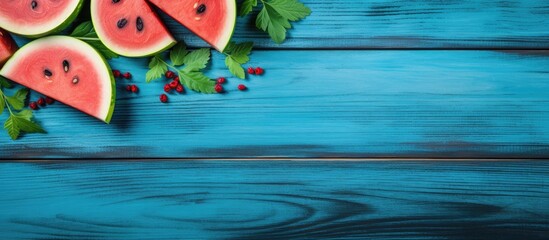 Watermelon slices and mint leaves displayed on a rustic blue wooden table, perfect as a background or wallpaper with copy space image.