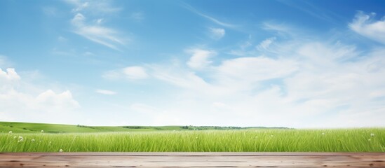 Wall Mural - Wooden desk with white surface under a blue sky backdrop, featuring green grass and empty area for display, suitable for a copy space image.