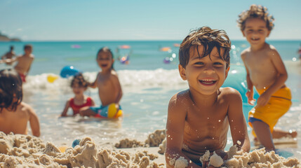 Wall Mural - Happy kids at the sea