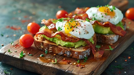 A wooden board with an open face sandwich, avocado toast topped with poached eggs and bacon, cherry tomatoes sprinkled on top of the bread slices.