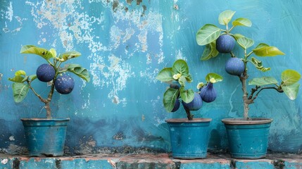 Sticker - Lush,green fig plants growing in weathered terracotta pots against a textured,turquoise outdoor wall. The figs are in various stages of ripeness,creating a vibrant,natural still life scene.