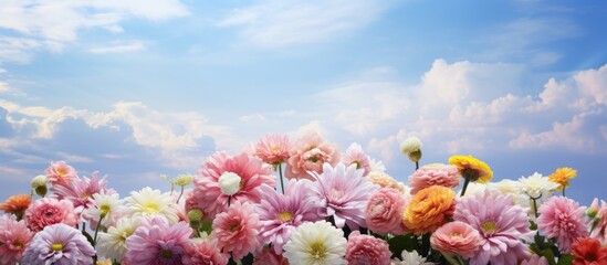 Wall Mural - Floral arrangement against a picturesque sky backdrop, providing copy space image.