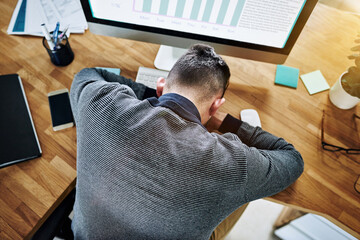 Aufkleber - Tired, sleeping and businessman at desk by computer for burnout, fatigue or low energy in top view. Statistics, exhausted and analyst with nap in office for work deadline or overwhelmed by project