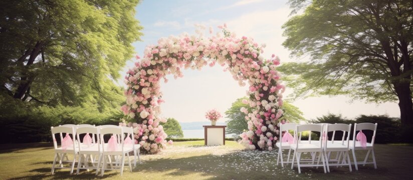 Garden wedding ceremony area with an arch adorned in pink and white flowers, white chairs for guests, and abundant copy space image.