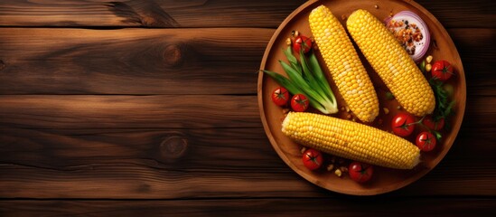 A plate with grilled and boiled corn, a vegetarian and healthy dish, presented on a wooden surface with a blank background for adding text or images.