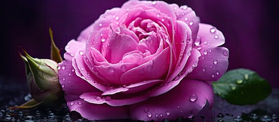 Wall Mural - Close-up macro image of a pink and purple peony rose with large water drops on a green background, providing copy space.