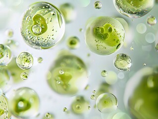 background green spheres of oil floating in the air, oil bubbles against a white background