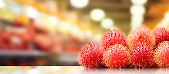 Wall Mural - Supermarket background with rambutan fruit; includes copy space image.