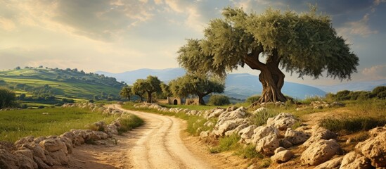 Wall Mural - Scenic olive garden with a dirt road and copy space image.