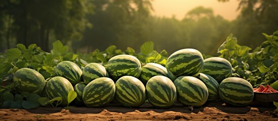 Harvesting fresh watermelons on a farm with a leafy tree plant in the background, ready for sale in the market, depicted in a copy space image.