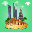 © Aamir - Kingdom of Saudi Arabia skyline with nature. celebrating the national day. abstract design template. old arch and dune sand, 3d illustration light green background.