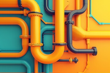 Vibrant industrial pipe network with colorful blue and orange pipes, showcasing engineering and design.