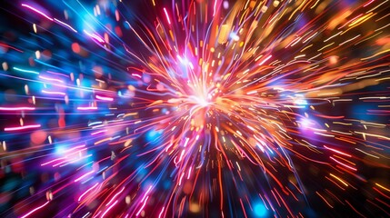 Abstract composition of colorful light trails from fireworks exploding in the night sky, creating a dazzling display.