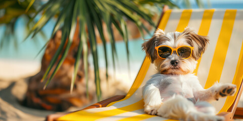 Cute adorable sunglasses dog relaxing on yellow striped summer holiday travel beach chair vacation trip with exotic tropical palm leaves, sea view background.