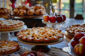 Wall Mural - Variety of homemade apple pies with lattice crusts displayed on wooden table