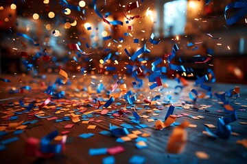 Wall Mural - Close-up, carnival scene on a kitchen table in the evening, streamers and confetti flying in the air,