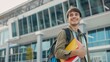 © logopiks - A university student stands outside with backpack and books in hand, looking excited about their study abroad journey. The smiling student is ready for adventure, with a campus building