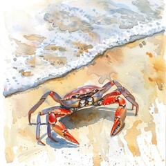 Sticker - Watercolor Illustration of a Small Sea Crab on Beach Sand with Sea in Background