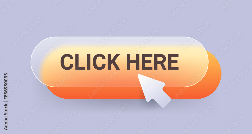 Orange glass morphism click here button on gray background. Vector ...