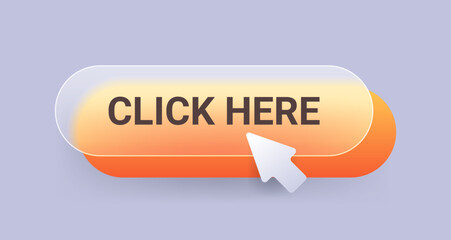 Orange glass morphism click here button on gray background. Vector digital app object illustration