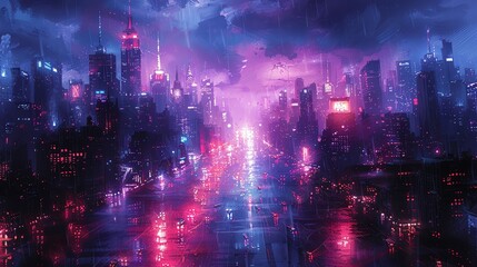 Futuristic cityscape at night with neon lights and cloudy sky, reflecting a dystopian city with vibrant colors and modern architecture.