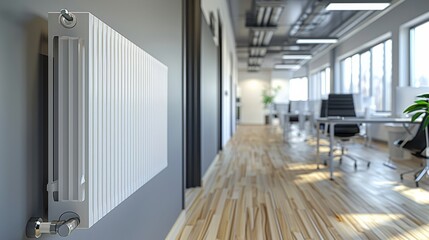 Poster - A longish white radiator mounted on a wall of a modern office space. Generative AI.
