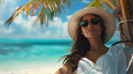 Sticker - A woman in a white hat and sunglasses on the beach, AI